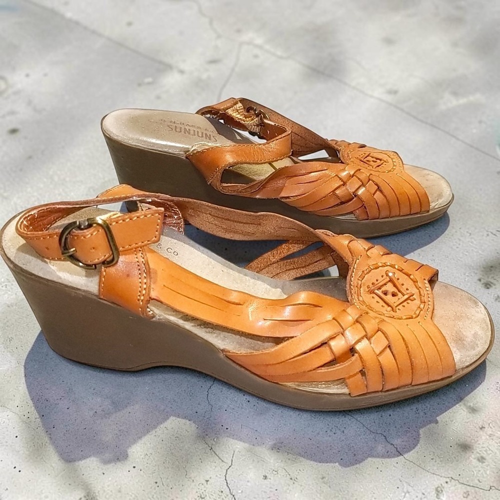 VTG GH Bass Sunjun 8.5 Wedge Sandals  Woven Leather Ankle Strap Womens 90s Boho